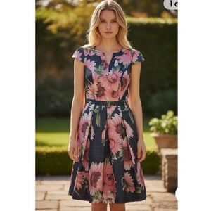 ModCloth Dress Sz 16 Personal Boldness Fit Flare Bold Pink Gold Floral Wedding